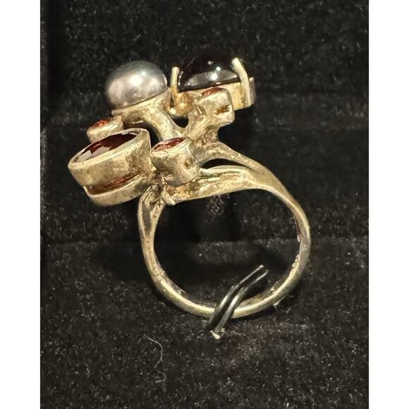 Size 8.5 Silver Ring, Plated In Gold, Garnets And Tahitian Pearl Settings